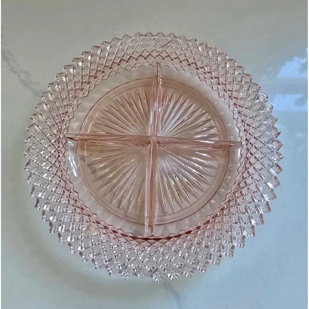 Vintage Pink Depression Glass Divided Relish Dish Diamond Point Sunburst Tray